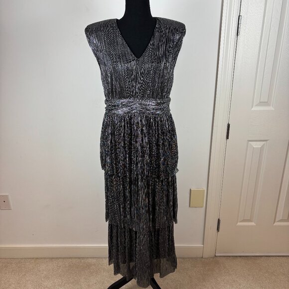 Halogen Metallic Tiered Midi‎ Cocktail Dress in Silver Gray - Size M NWOT - Picture 1 of 11